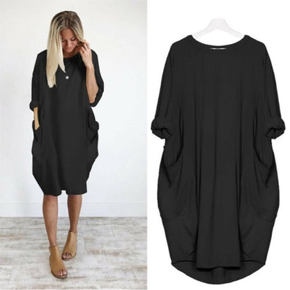💝17 Colors Women Casual Loose Pocket Long Sleeves Dress