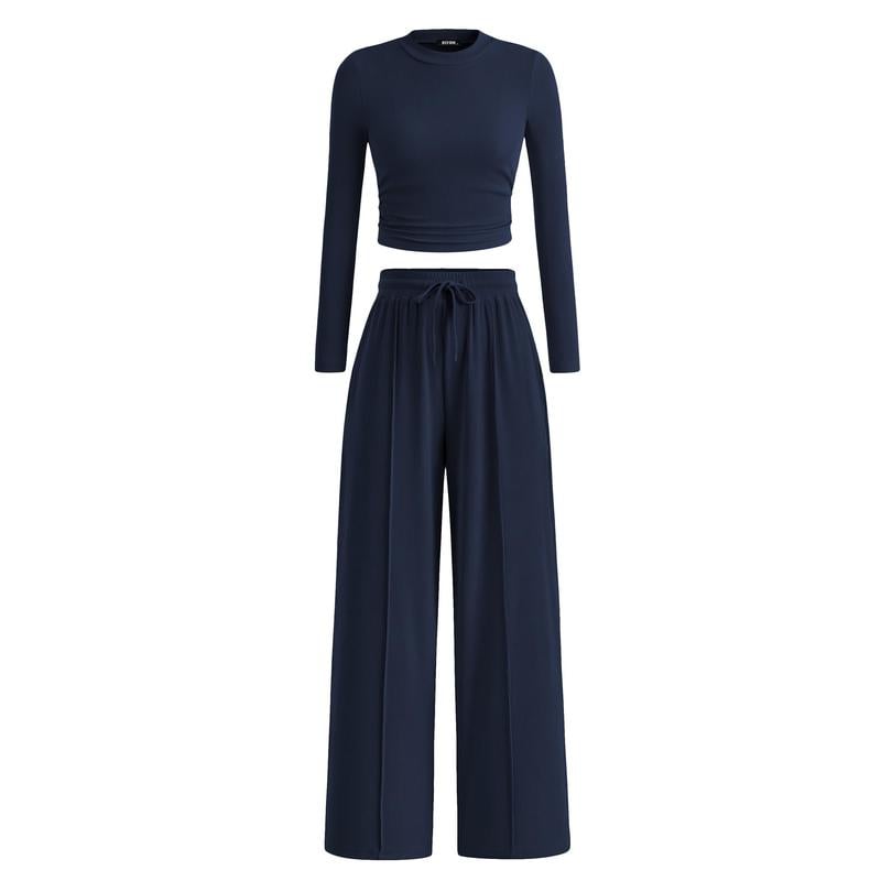 Women's  2-Piece Ribbed Knit Long Sleeve Crop Top Wide Leg Pants Matching Lounge Set Loungewear