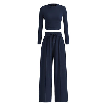 Women's  2-Piece Ribbed Knit Long Sleeve Crop Top Wide Leg Pants Matching Lounge Set Loungewear