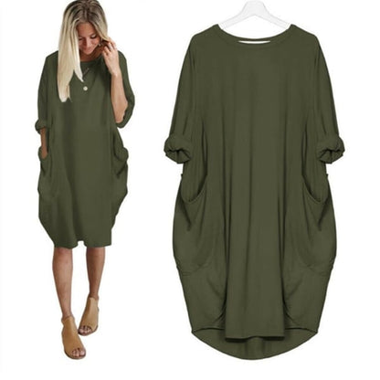 💝17 Colors Women Casual Loose Pocket Long Sleeves Dress