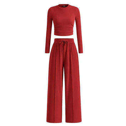 Women's  2-Piece Ribbed Knit Long Sleeve Crop Top Wide Leg Pants Matching Lounge Set Loungewear