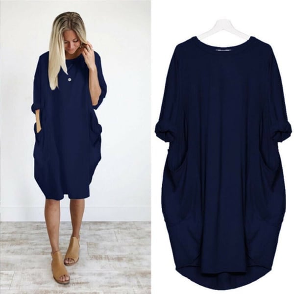 💝17 Colors Women Casual Loose Pocket Long Sleeves Dress