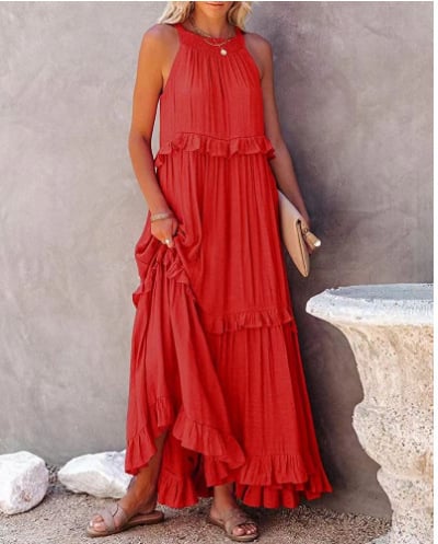 Holiday Style Ruffled Long Dress