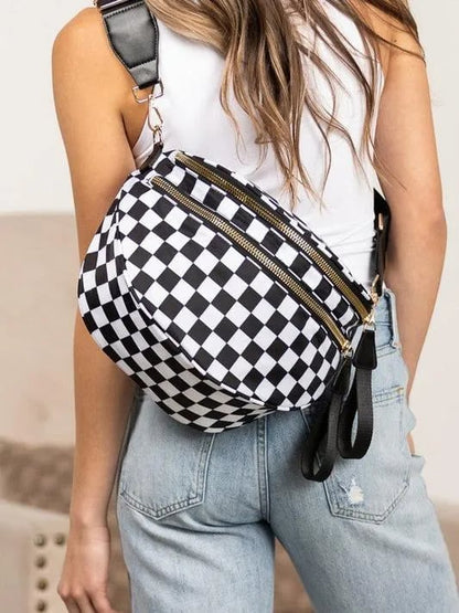 🔥Black and White Checkered Polyester Bum Bag