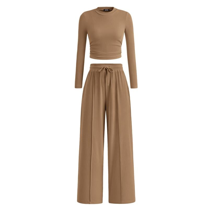 Women's  2-Piece Ribbed Knit Long Sleeve Crop Top Wide Leg Pants Matching Lounge Set Loungewear