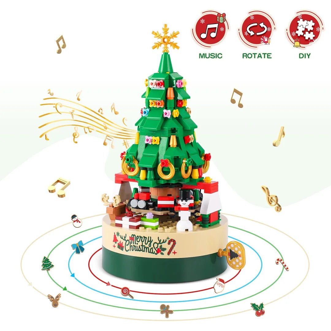 Christmas tree music box built with 361 building blocks