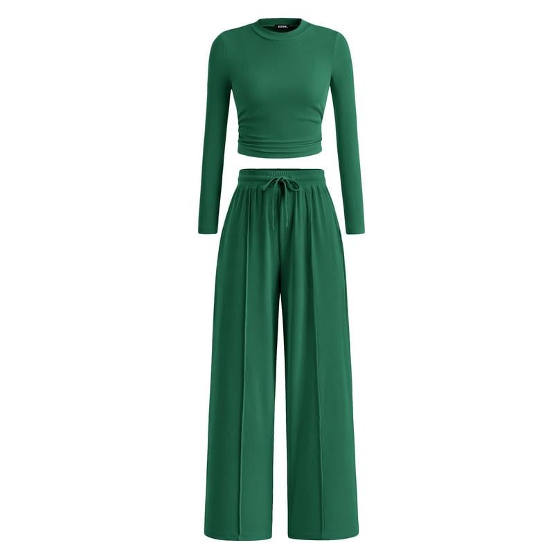 Women's  2-Piece Ribbed Knit Long Sleeve Crop Top Wide Leg Pants Matching Lounge Set Loungewear