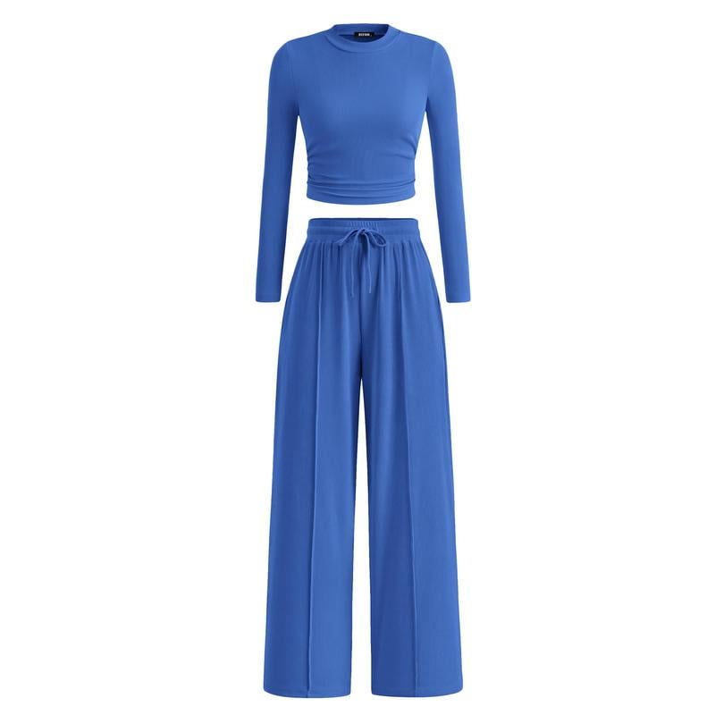 Women's  2-Piece Ribbed Knit Long Sleeve Crop Top Wide Leg Pants Matching Lounge Set Loungewear