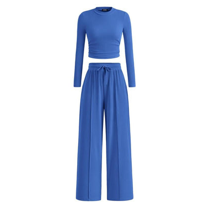 Women's  2-Piece Ribbed Knit Long Sleeve Crop Top Wide Leg Pants Matching Lounge Set Loungewear