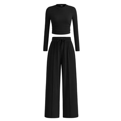 Women's  2-Piece Ribbed Knit Long Sleeve Crop Top Wide Leg Pants Matching Lounge Set Loungewear