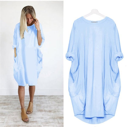 💝17 Colors Women Casual Loose Pocket Long Sleeves Dress
