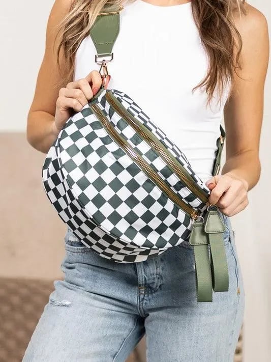 🔥Black and White Checkered Polyester Bum Bag