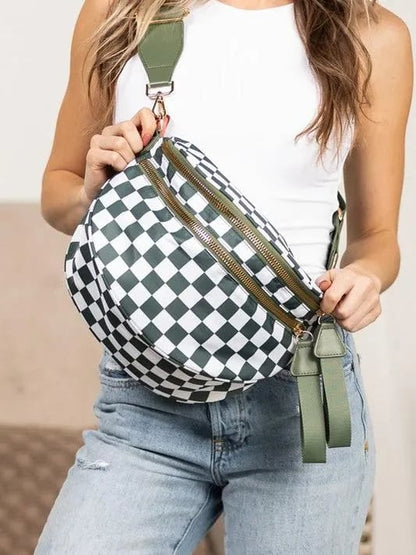 🔥Black and White Checkered Polyester Bum Bag