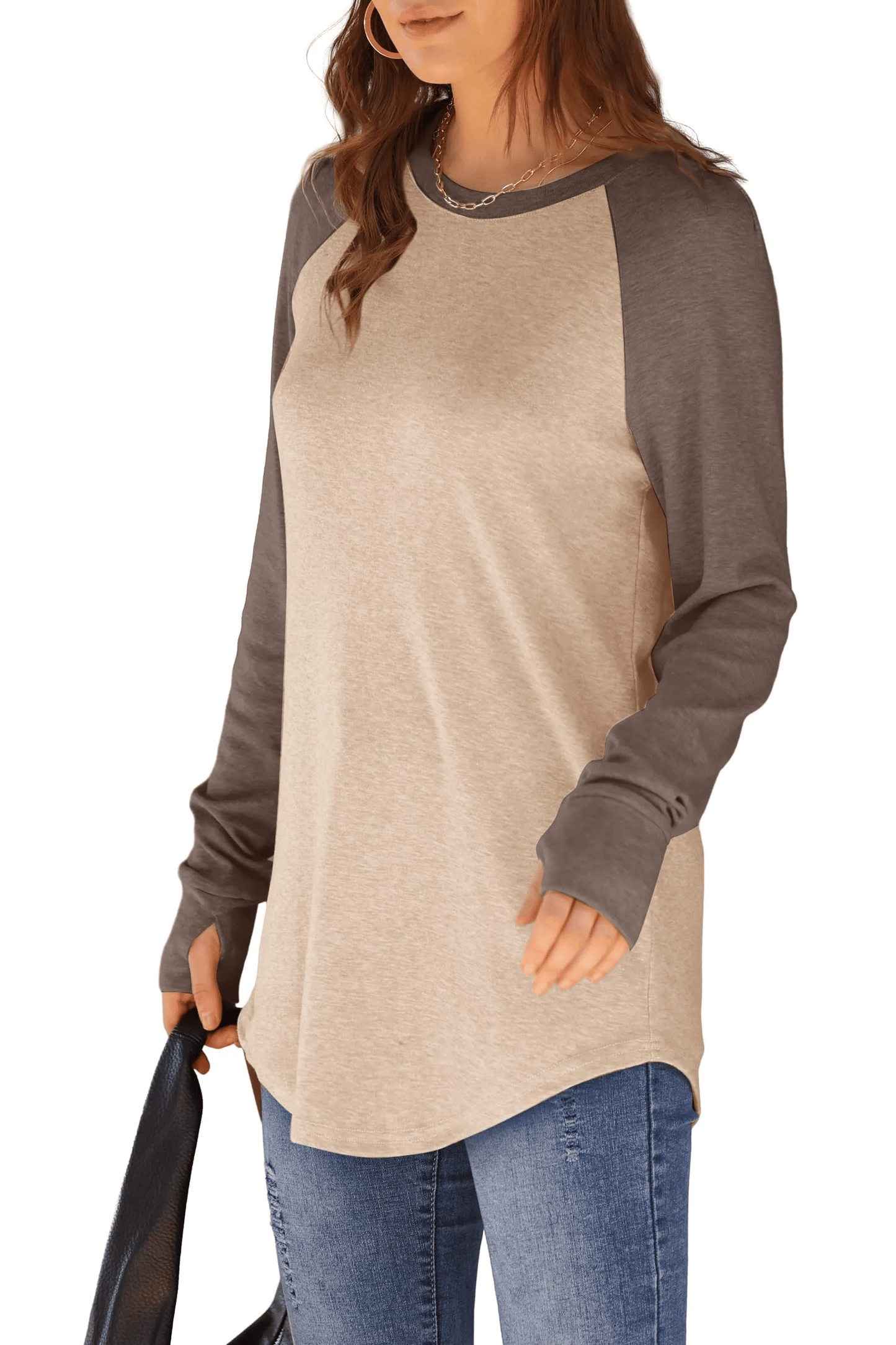 ✨Womens Long Sleeve Thumb Round neck raglan colorblock long sleeves Tunic Tops to Wear with Leggings