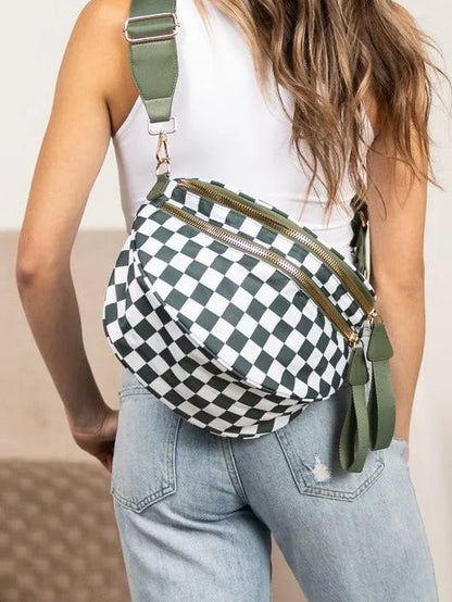 🔥Black and White Checkered Polyester Bum Bag