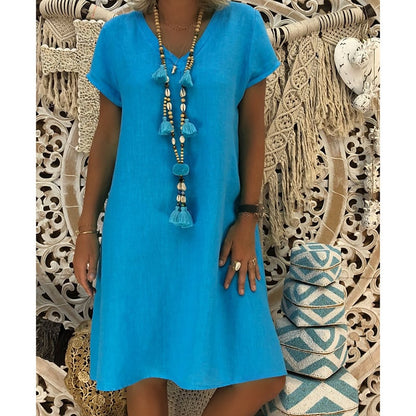 🔥Women's Dress Summer Polyester-cotton blend Dresses Casual V Neck Midi Dress