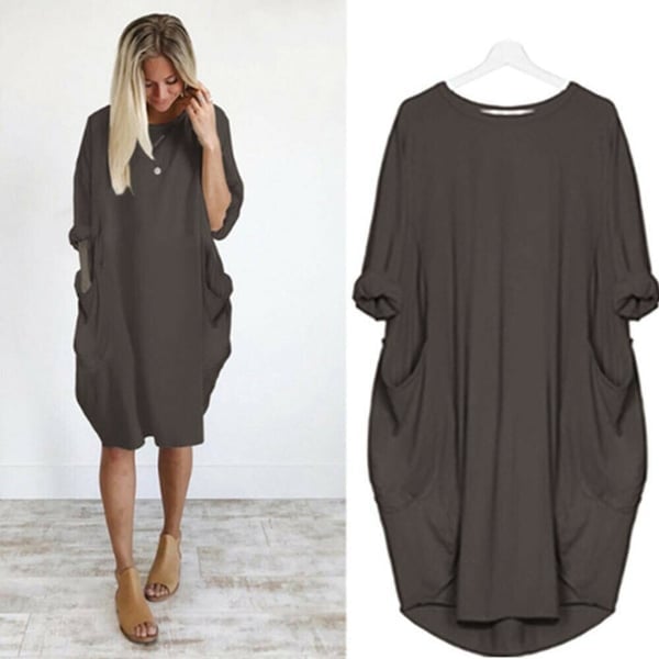 💝17 Colors Women Casual Loose Pocket Long Sleeves Dress
