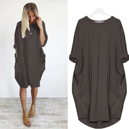 💝17 Colors Women Casual Loose Pocket Long Sleeves Dress