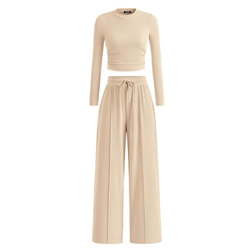 Women's  2-Piece Ribbed Knit Long Sleeve Crop Top Wide Leg Pants Matching Lounge Set Loungewear
