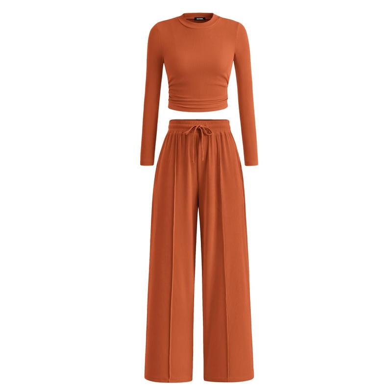 Women's  2-Piece Ribbed Knit Long Sleeve Crop Top Wide Leg Pants Matching Lounge Set Loungewear